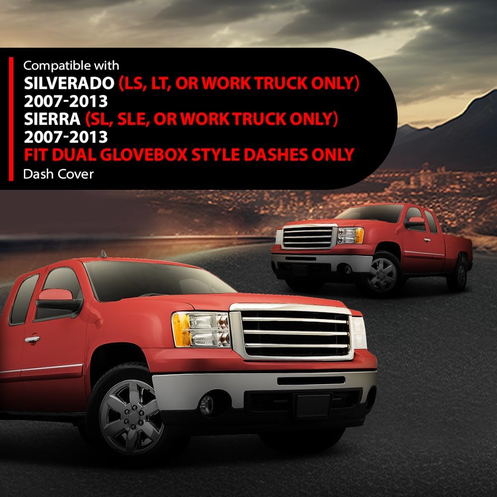 ANDPLAY Dash Cover Dashboard Compatible with Chevy Silverado 2007-2013 (LS, LT, or Work Truck ONLY) Fit GMC Sierra 2007-2013 (SL, SLE, or Work Truck ONLY) Fit Dual Glovebox Style Dashes Only Black