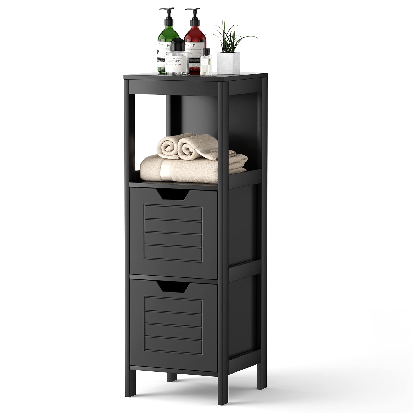 Armario de suelo de baño DORTALA organizador multifuncional negro con dos cajones de madera