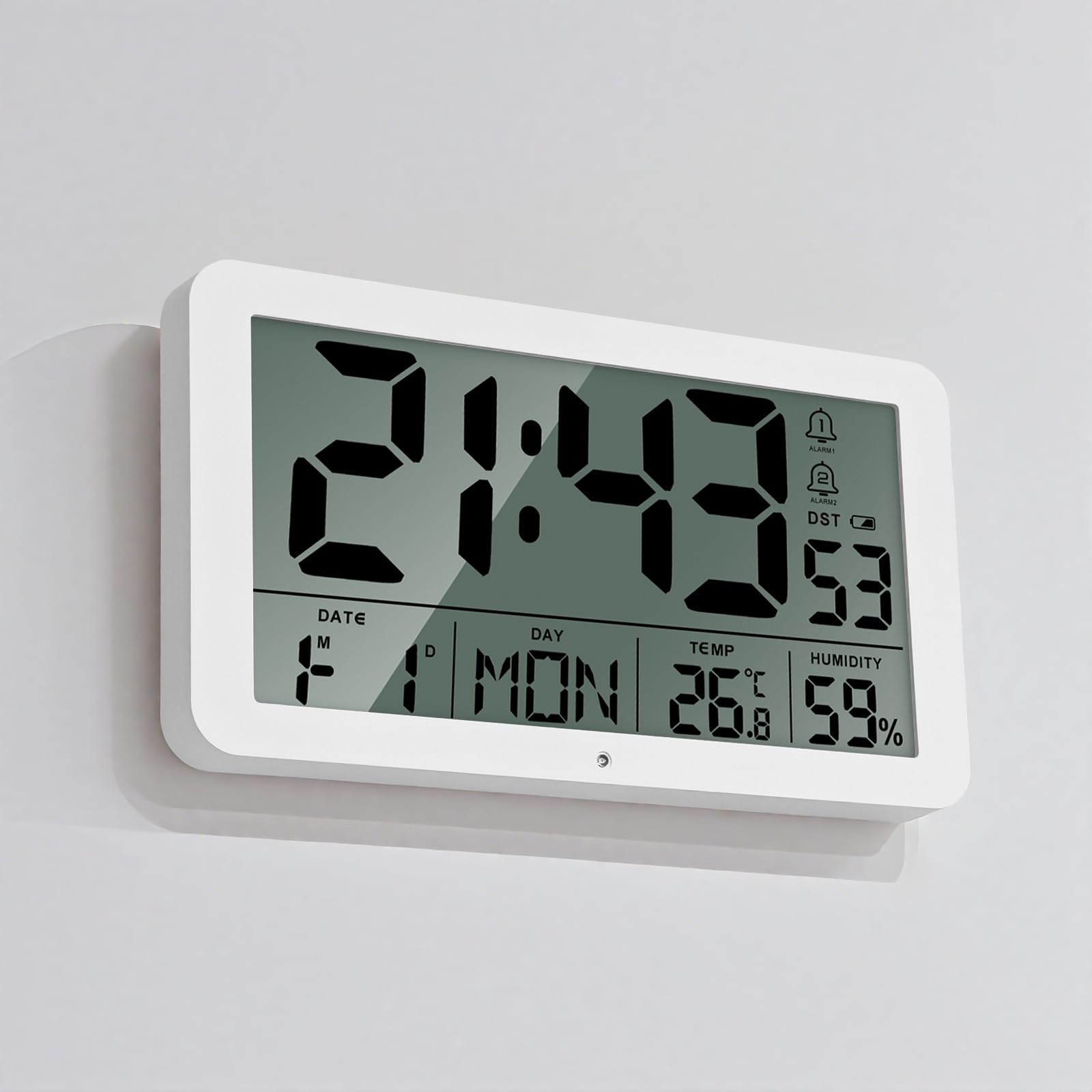 Seutgjie White Seugjie Large Digital Wall Clock 9-Inch Desk Clock Digital With Seconds Date Week Temperature Humidity Display Dst Function Dual Alarm Snooze Mode 12/24-Hour Format