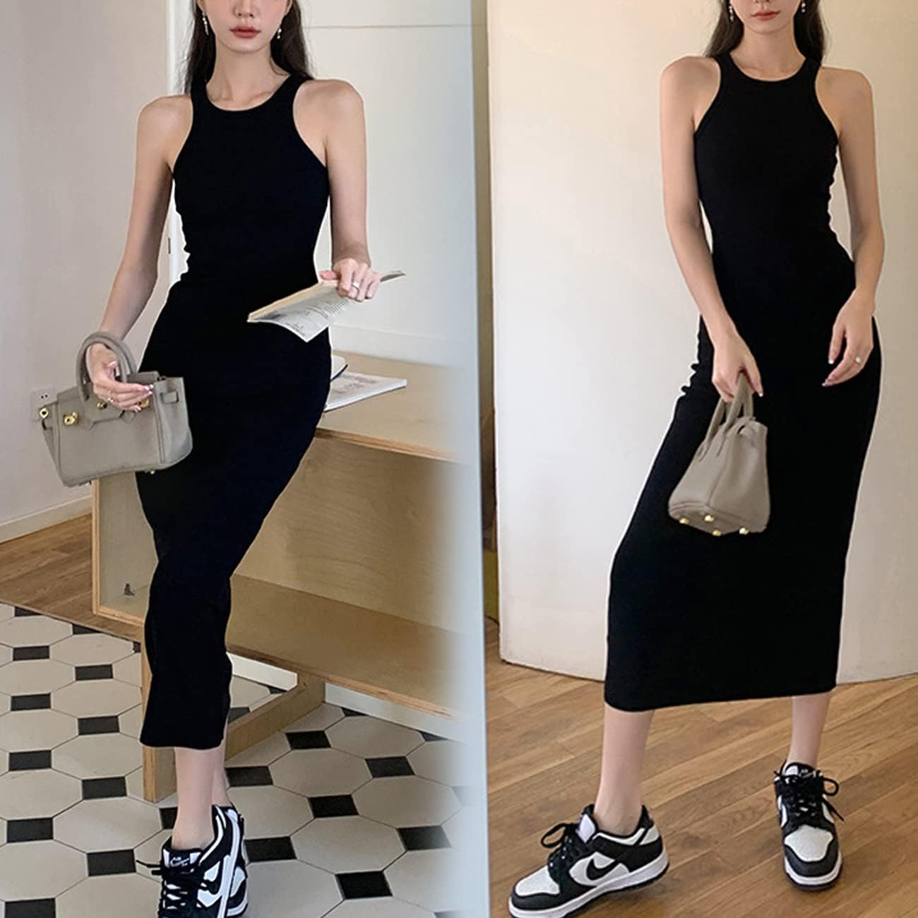 Vestito Senza Maniche Donna Abito Elegante Lungo Aderente Vestiti Eleganti da Cerimonia Cocktail Abito Tubino Slim Fit Casual Estivo Formale Vestito da Sera