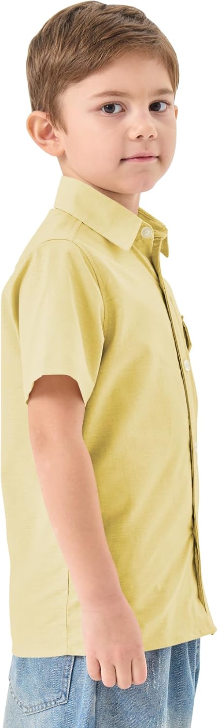QBK Boys' Cotton Linen Short Sleeve Classic Button Down Shirts Boys Dress Shirt with Chest Pocket for 2T-16 Years - Image 3