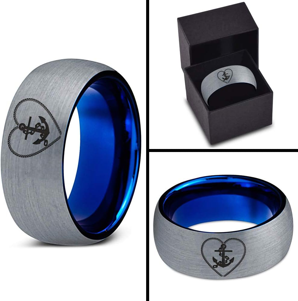 Anchor Sailor Heart Love Ring - Tungsten Band 8mm - Men - Women - 18k Rose Gold Step Bevel Edge - Yellow - Grey - Blue - Black - Brushed - Polished - Wedding - Gift Dome Flat Cut