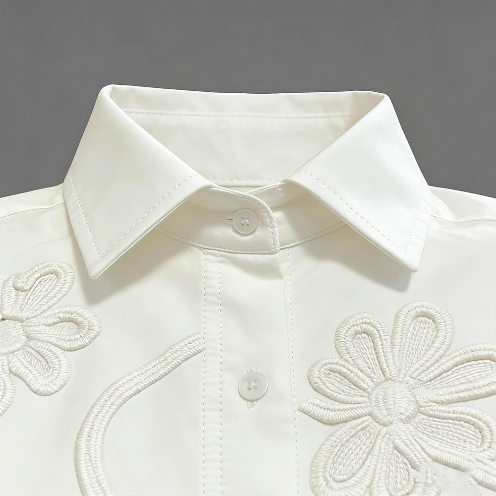 Women's White Floral Embroidery Blouse Ruffled Cuff Boho Shirt Long Sleeve Button-Down Top - Image 4