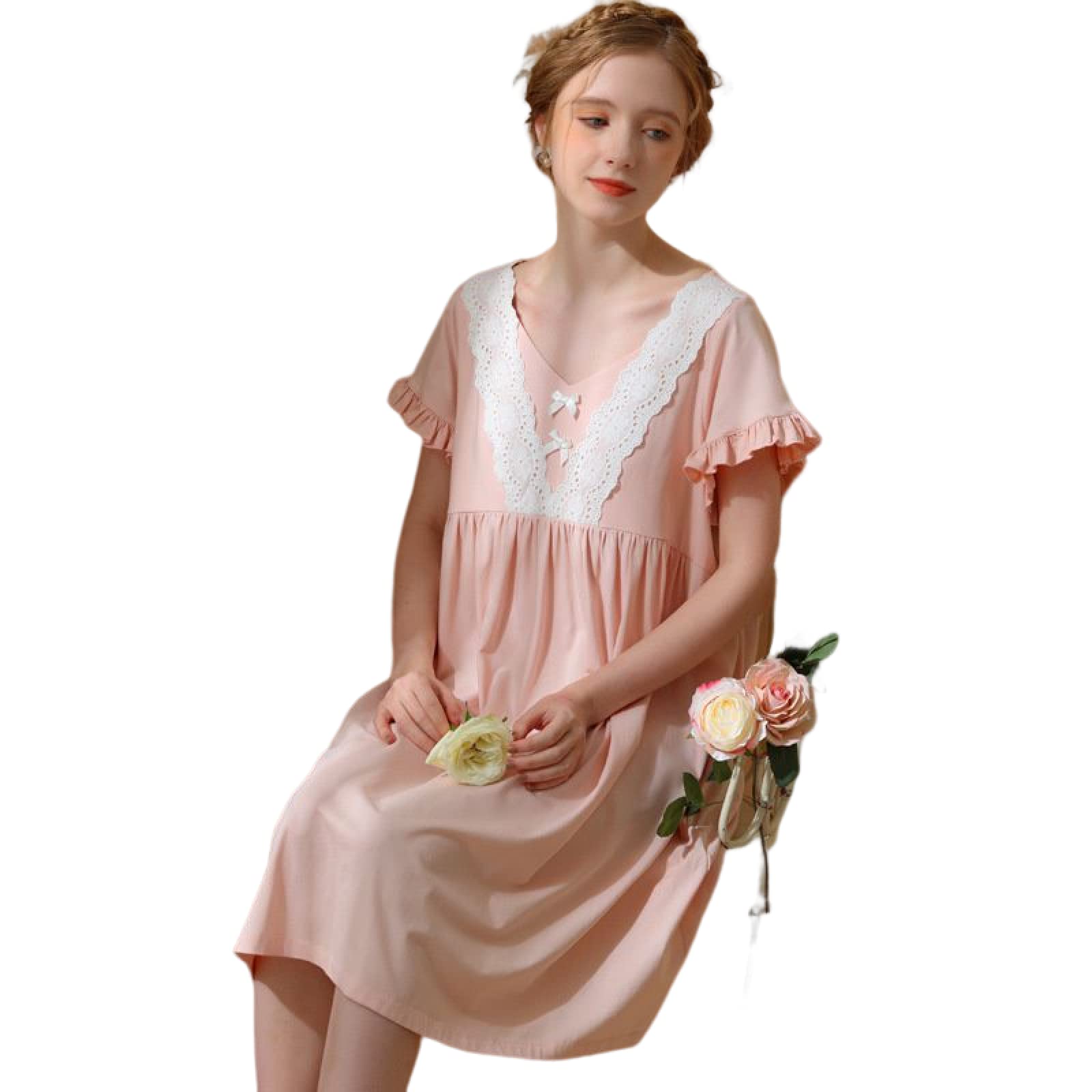 OFFSUM Camicia da Notte Donna - Camicia da Notte in Cotone Estivo A Maniche Corte con Scollo A V in Pizzo con Scollo A V E Fiocco in Stile Principessa