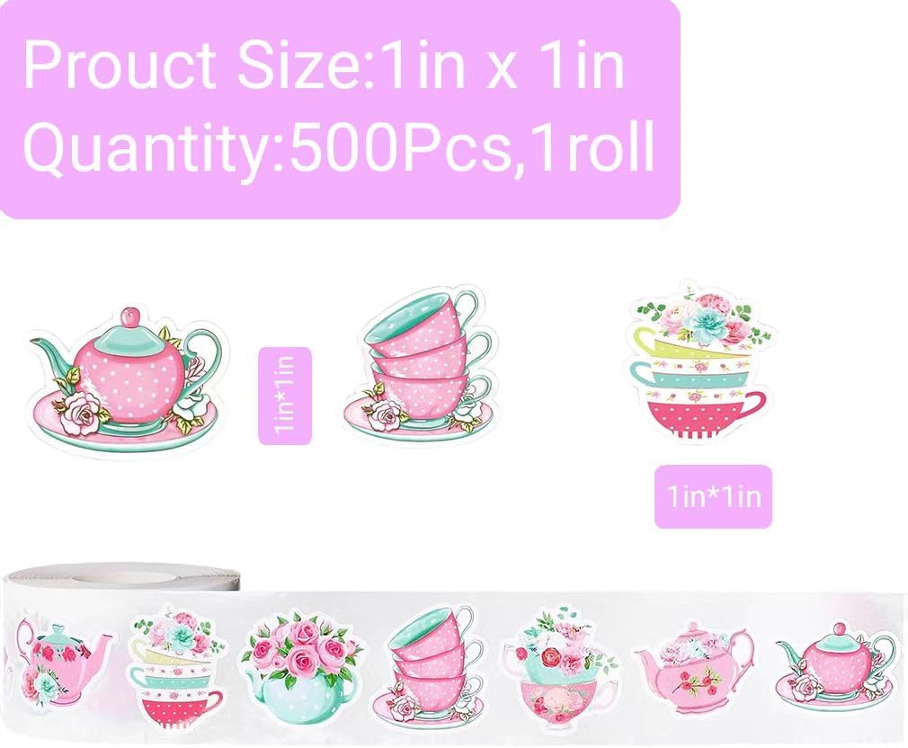 500 Pcs Tea Party Stickers Roll 1.2'' Mini Teacup Floral Tea Time Favors Aesthetic Decals Pack for Gift Bag Luggage Packaging Water Bottles Scrapbooking Decoration