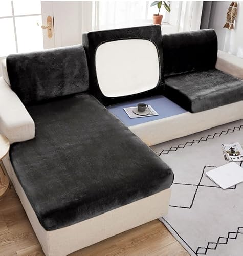 Jonuiony 2023 New Wear-Resistant Universal Sofa Cover, Stretch Velvet Separate Couch Cushion Slipcovers, L Shape Sofa Chaise Covers for Both Left/Right Sectional Couch (Black,Back Cover)