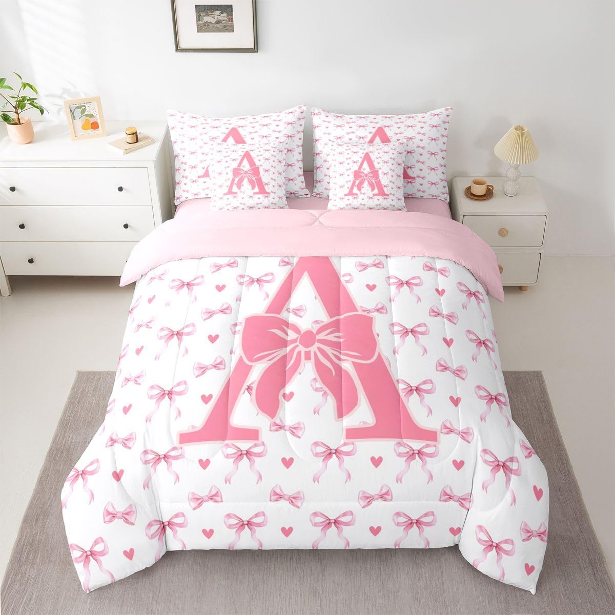 Erosebridal Initial Letter A Bed in A Bag Queen 7 Piece | Pink Bowknot Comforter Set Ribbon Coquette Decor Bedding Sets for Kids Boys Girls Monogram Dreamy Princess Style Sheet Set with Comforter