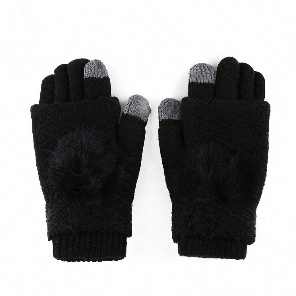 Womens Gloves Detachable Dual Layer Pompoms Fur Ball Fingerless Gloves Black