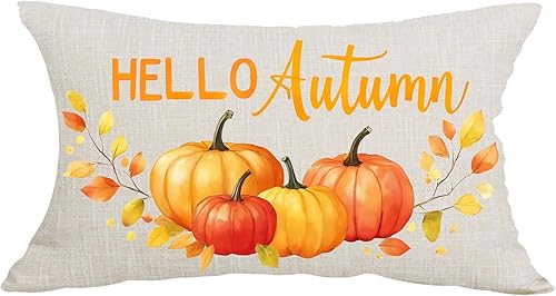 Funda de almohada lumbar decorativa con diseño de calabazas naranjas en acuarela Hello Autumn Día de Acción de Gracias, silla, sofá, cama,