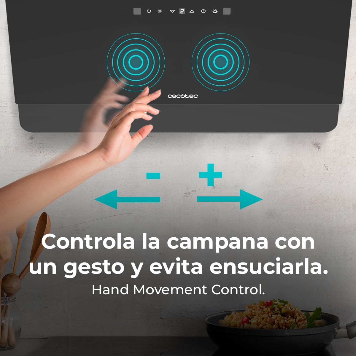 Cecotec Bolero Flux DT 608000 Extractor Hood illuminating the cooking area with its integrated LED lighting.