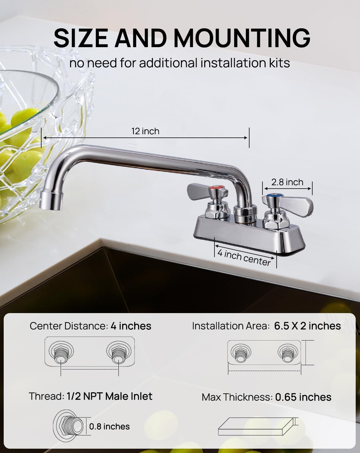 Leak-Free Commercial Kitchen Sink Faucet 4 inch Center 2 Hole, Commercial Hand Wash Sink Faucet 12" Spread Spout Deck Mount, Laundry Tub Utility Sink Bar, Brass