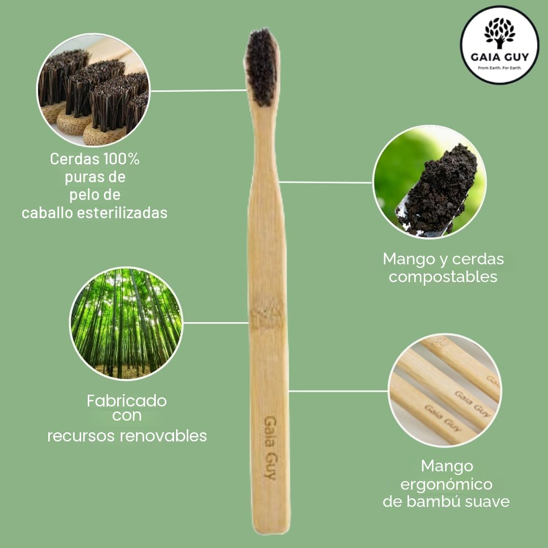 Gaia Guy Cepillo de dientes de bambú de cerdas naturales suaves (sin nailon, solo crin de caballo), totalmente compostable y biodegradable, cerdas suaves de pelo de caballo y cepillos de dientes de