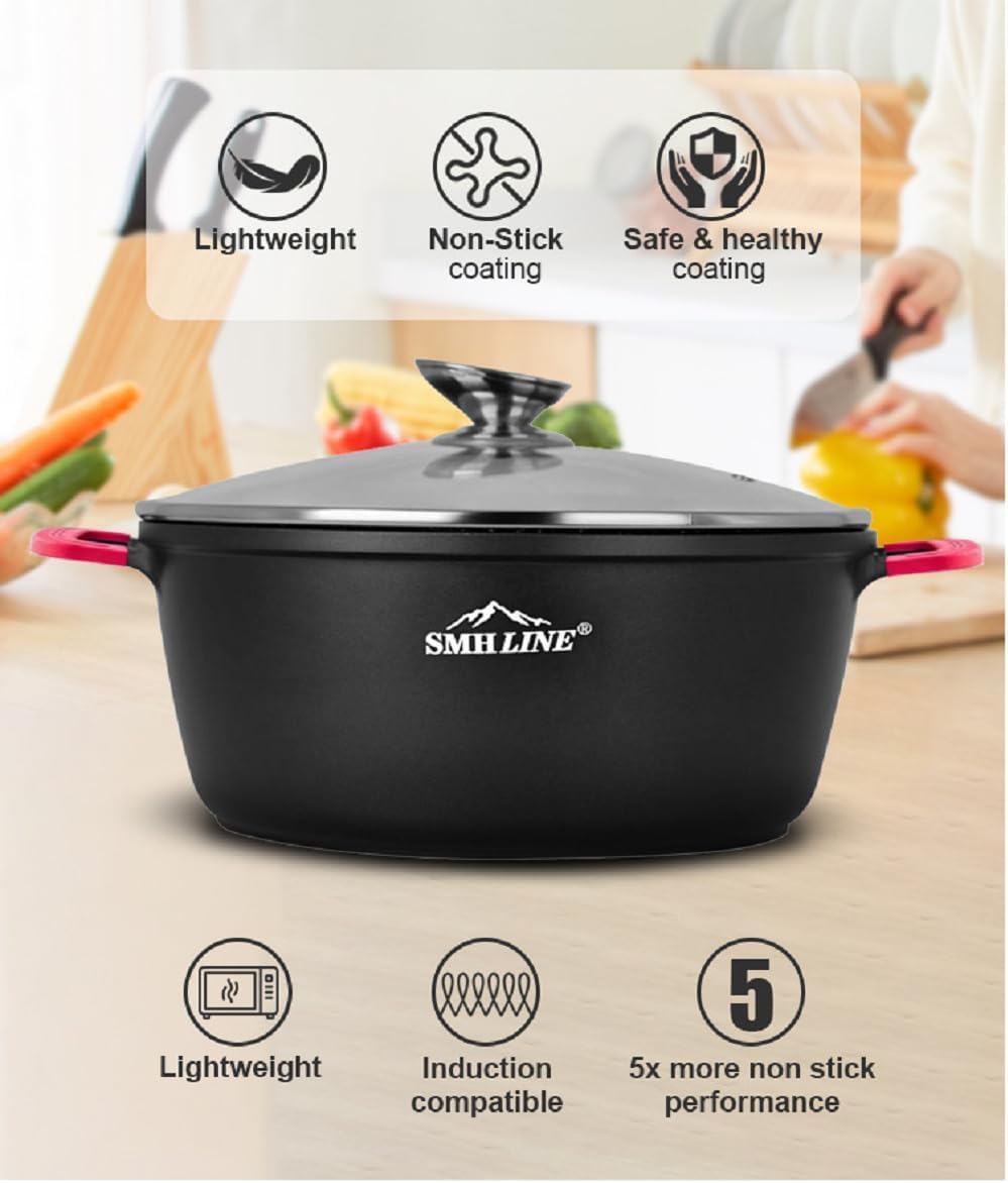 SMHLINE® - Set di pentole in alluminio pressofuso per induzione, diametro da 24 a 32 cm, con coperchio in vetro, antiaderenti, adatte per tutti i tipi di fornelli (set di pentole con utensile da