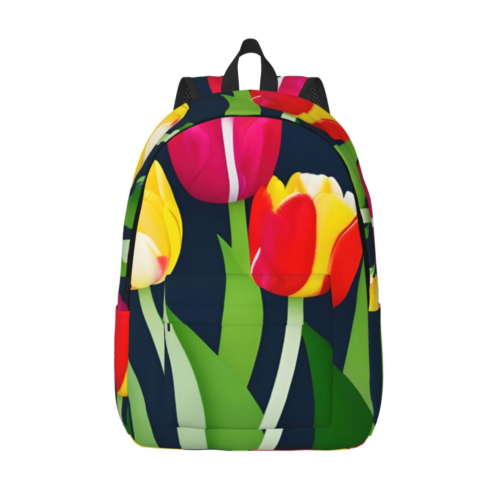 Wurton Unisex Black Colorful Tulips Pattern Print Casual Canvas Backpack For Everyday Use Canvas Rucksack Work Hiking Laptop Backpack, M