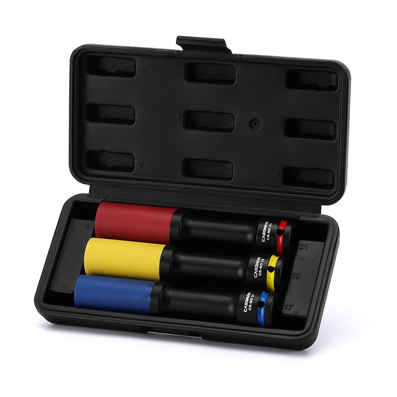 Jogo de Soquetes de Impacto para Porcas de Roda CASOMAN, Parede Fina e Extracurto, Encaixe 1/2 pol., 6 Pontas, CR-MO, 17 mm, 19 mm e 21 mm, 3 Peças