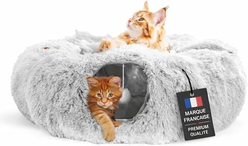 One PETS-TOP Tunnel Chat Rond XXL en Peluche Douce – Lit Tunnel Cachette Confort – Cabane Intérieure pour Chat – Cat Tunnel (Gris Perle) - 1