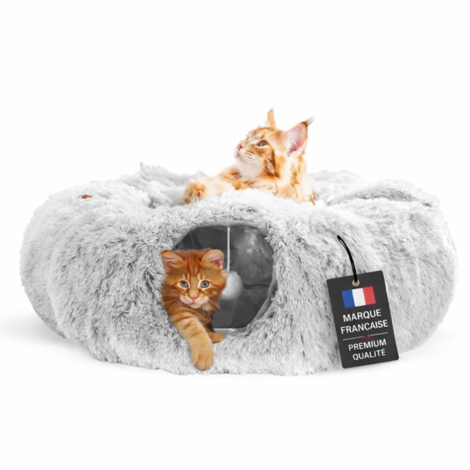 One PETS-TOP Tunnel Chat Rond XXL en Peluche Douce – Lit Tunnel Cachette Confort – Cabane Intérieure pour Chat – Cat Tunnel (Gris Perle)
