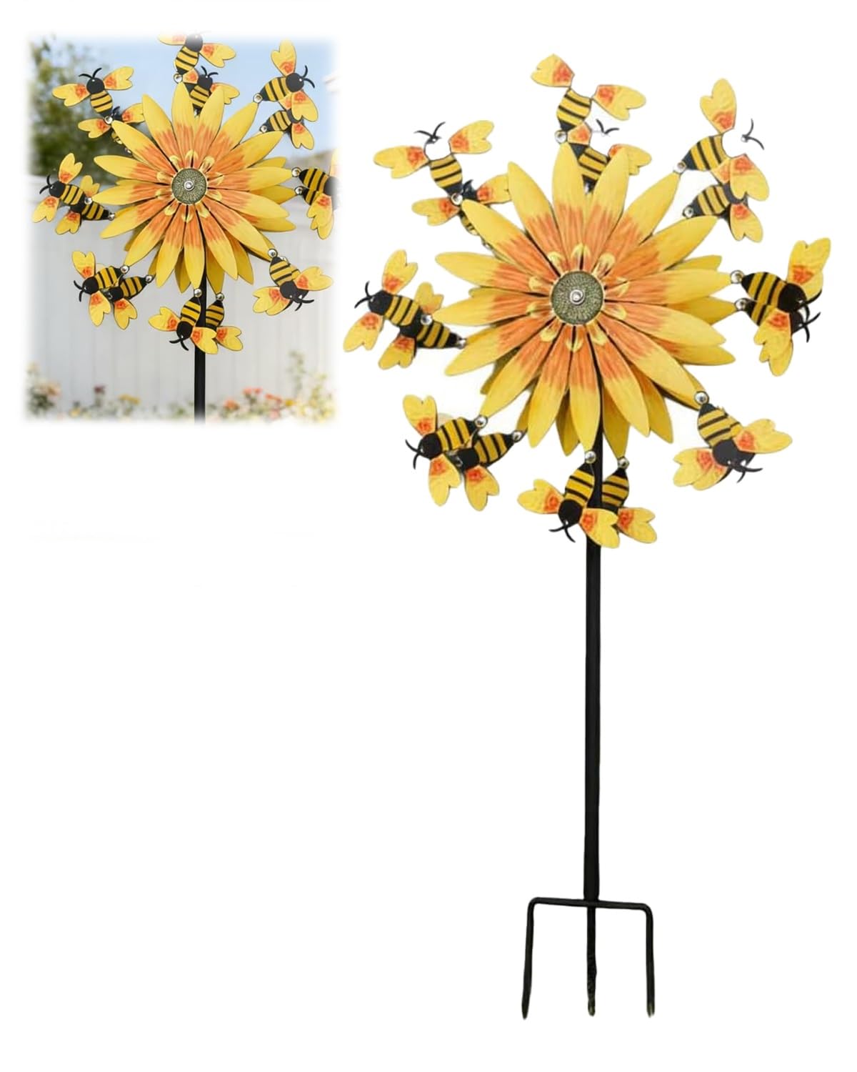 Sunflower and Bees Wind Spinner 3D Metal Kinetic Garden Stake with Rotating Blades UV Resistant Outdoor Vivid & Bee Windmill Whirligig Farm Style Yard Art Decor for Patio Lawn Ornament(1pc)