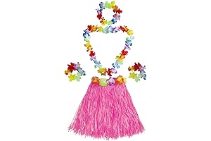 Fortuning's JDS Girl's Elastic Hawaiian Hula Dancer Grass Skirt with Flower Costume Set -Pink