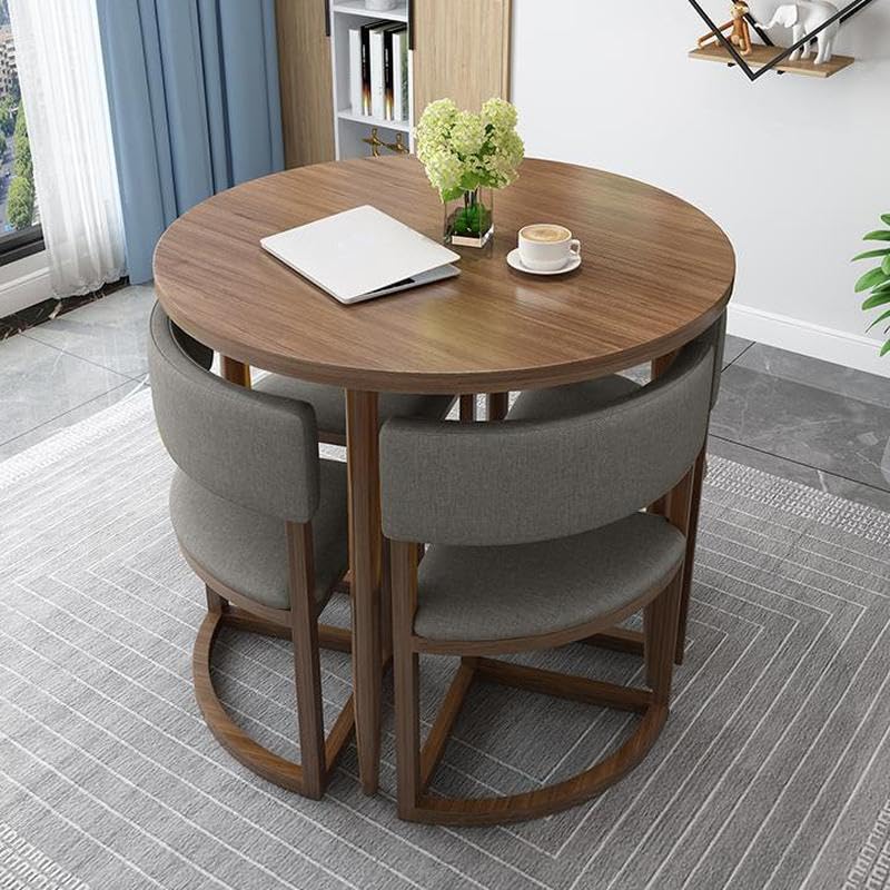 LITFAD Modern Dining Room Table and Chairs for 4, Round Wood Top Dining Set with Upholstered Chairs and Iron Base 5 Piece Coffee Table Set - 5 Piece
