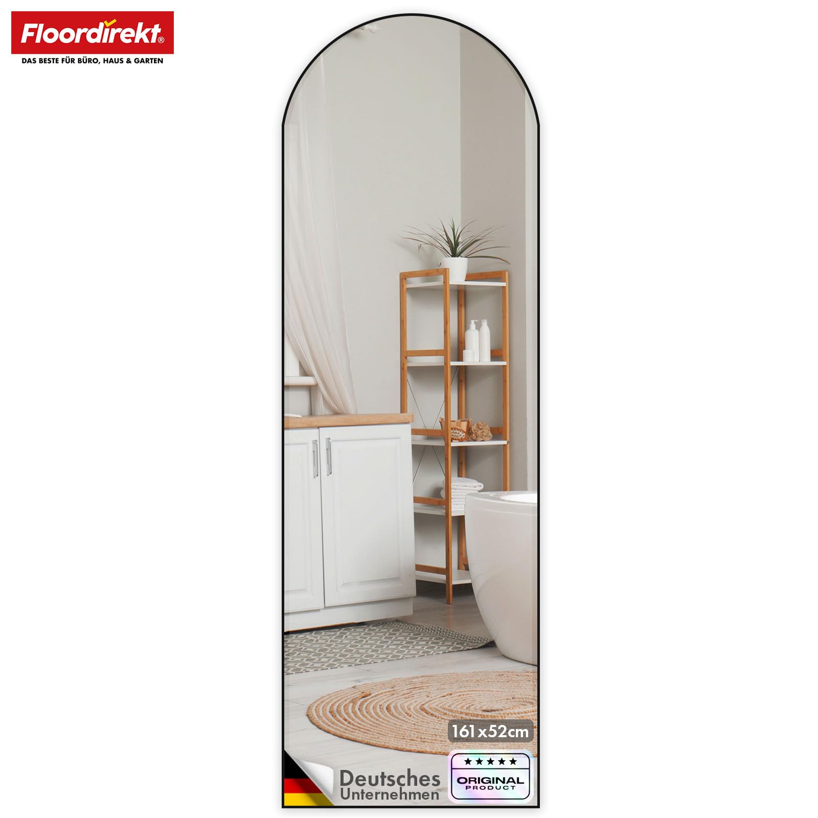 Floordirekt Ganzkörperspiegel, 161 x 52 cm, gewölbter Standspiegel, Rahmen aus Aluminiumlegierung, Hartglas, für Schlafzimmer, Wohnzimmer, Garderobe, schwarz Madison