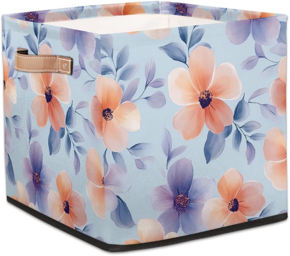 Cube Storage Bins for Shelves, Watercolor Orange And Purple Flowers Decorative Fabric Organizer Box with Handles for Living Room, Dorm Room, Classroom, 13x13x13 inch