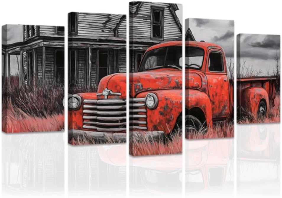 DOARTDO 5 Pieces Country Wall Art for Living Room Farmhouse Truck Wall Decor Old Farm Barn Pictures Black and White Canvas Art Prints Large Home Decor Framed (Red, (12x16inx2 12x24inx2 12x32inx1))