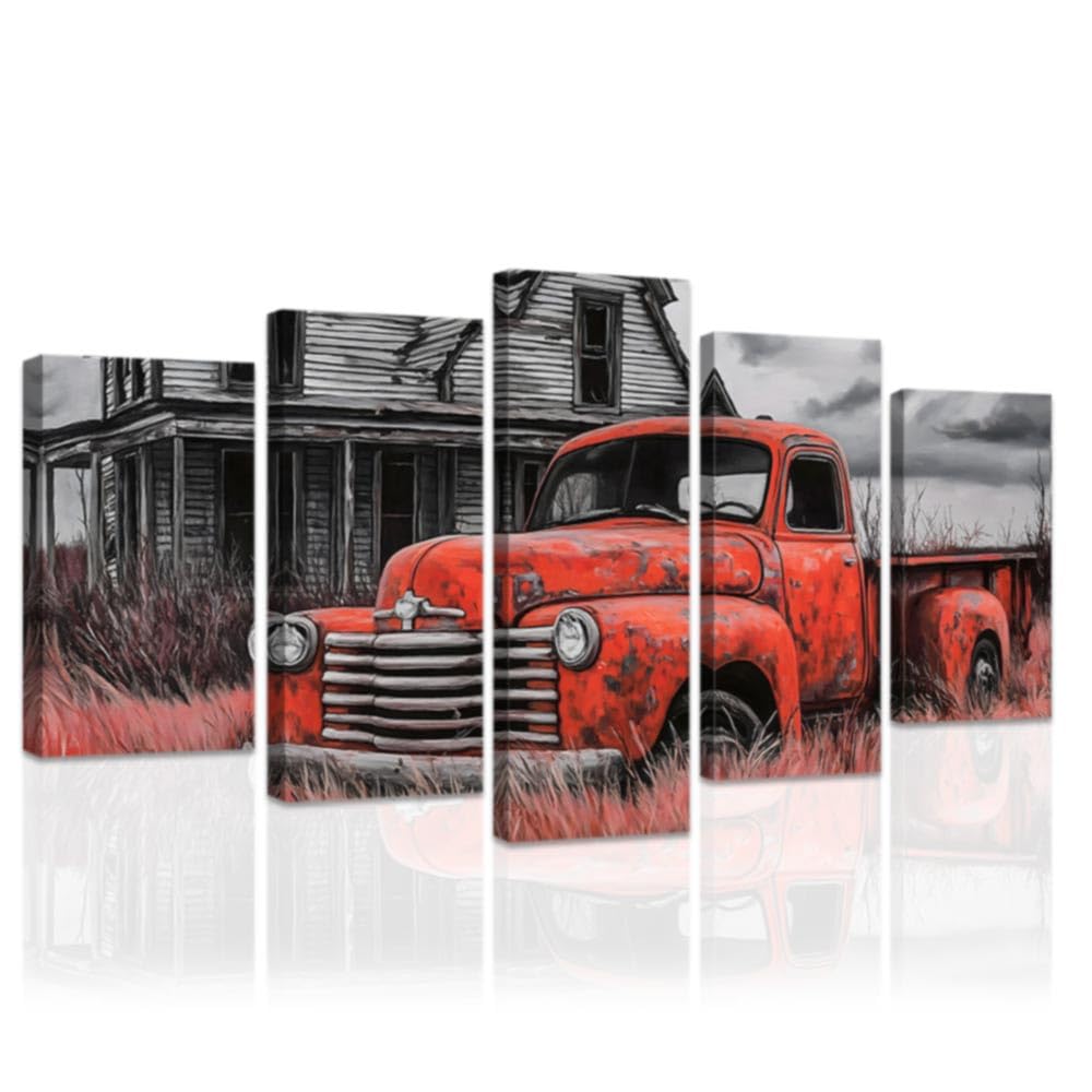 DOARTDO 5 Pieces Country Wall Art for Living Room Farmhouse Truck Wall Decor Old Farm Barn Pictures Black and White Canvas Art Prints Large Home Decor Framed (Red, (12x16inx2 12x24inx2 12x32inx1))