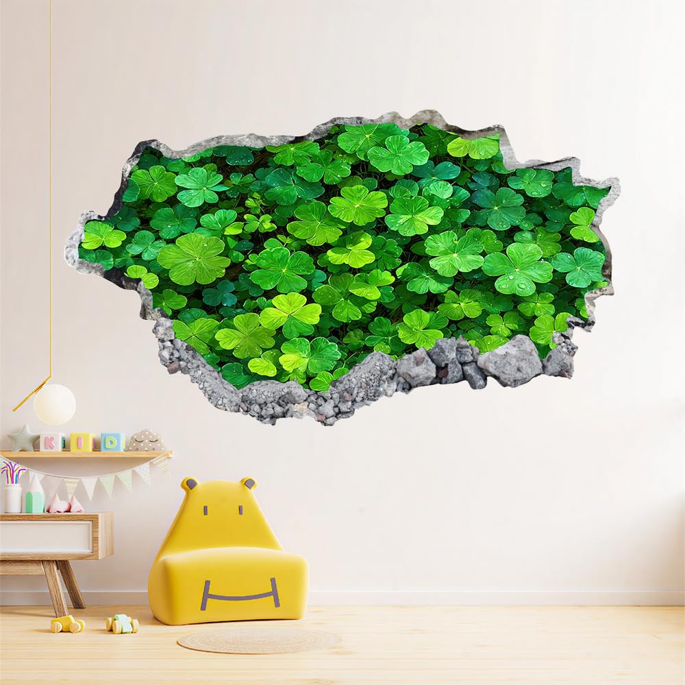 3D Wandtattoo Wanddurchbruch Wandaufkleber, Vierblättriges Kleeblatt Wandsticker Wanddeko Wandbilder, Grünpflanzen Wandaufkleber Für Schlafzimmer Badezimmer Flur Küche Möbel Aufkleber