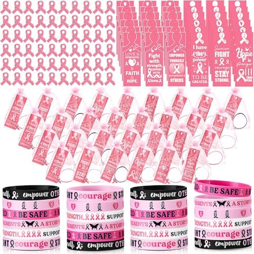XunYee 120 Pcs Breast Cancer Awareness Silicone Wristband Bracelets with Pink Ribbon Pins Bookmarks Survivors Hope Faith Strength Items Bulk for Women Charity Events Campaign Party Gifts(Pink)