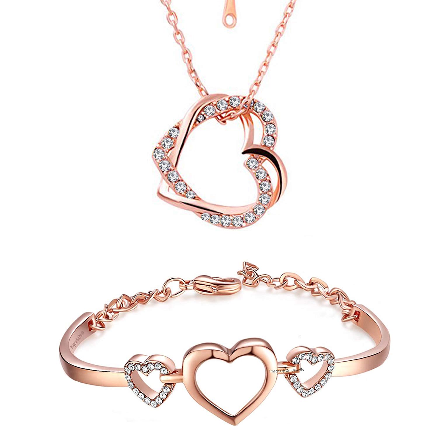 White Rose Gold Plated Alloy Combo of Dual Heart Pendant and Link Bracelet with Crystal Stones for Girls and Women-image-35