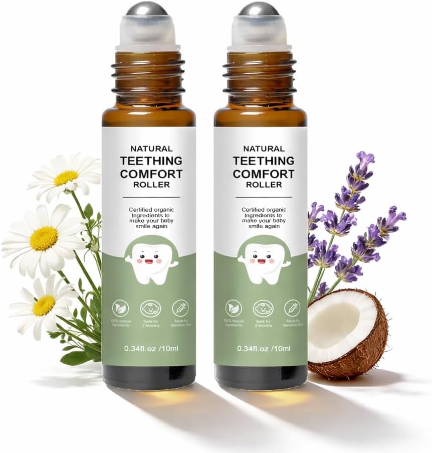 Teething Roller, Teething Oil Roller with Chamomile & Rose Oil, Gentle Roll-On Formula, Easy to Use, Portable Daily Care, 2 Pack