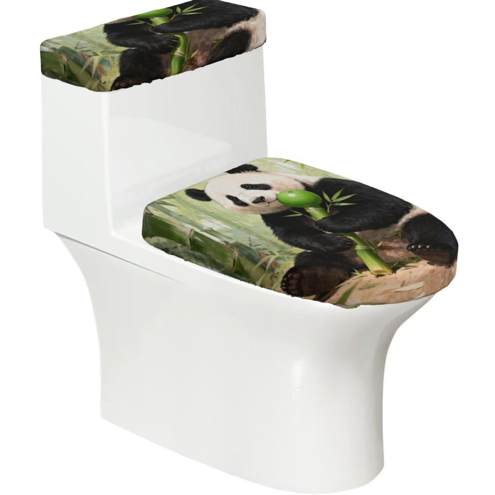 Cntdbu Black Panda Eat Bamboo Stretchy Toilet Lid And Tank Cover Set-Soft Elastic Bathroom Decor For U Shape Oval
