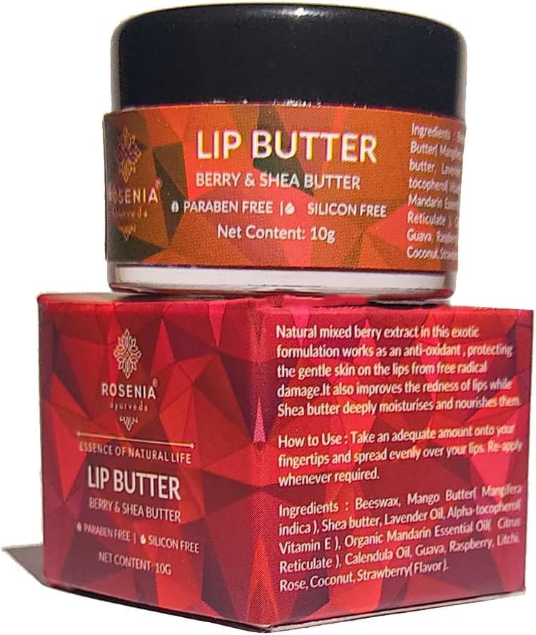 Rosenia Ayurveda Lip Butter With Berry and Shea Butter, Improves Redness of Lips, Moisturizes and Nourishes Dark Lips, For Men and Women, 10 Gram