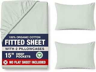 LANE LINNE Queen Size Fitted Sheet 100% Organic Cotton, Percale Weave, Low Pill Fade Resistant Eco-Friendly Fully Elastic Tight Fit Deep Pocket Queen Fitting (+Pillowcase) - Cool Blue