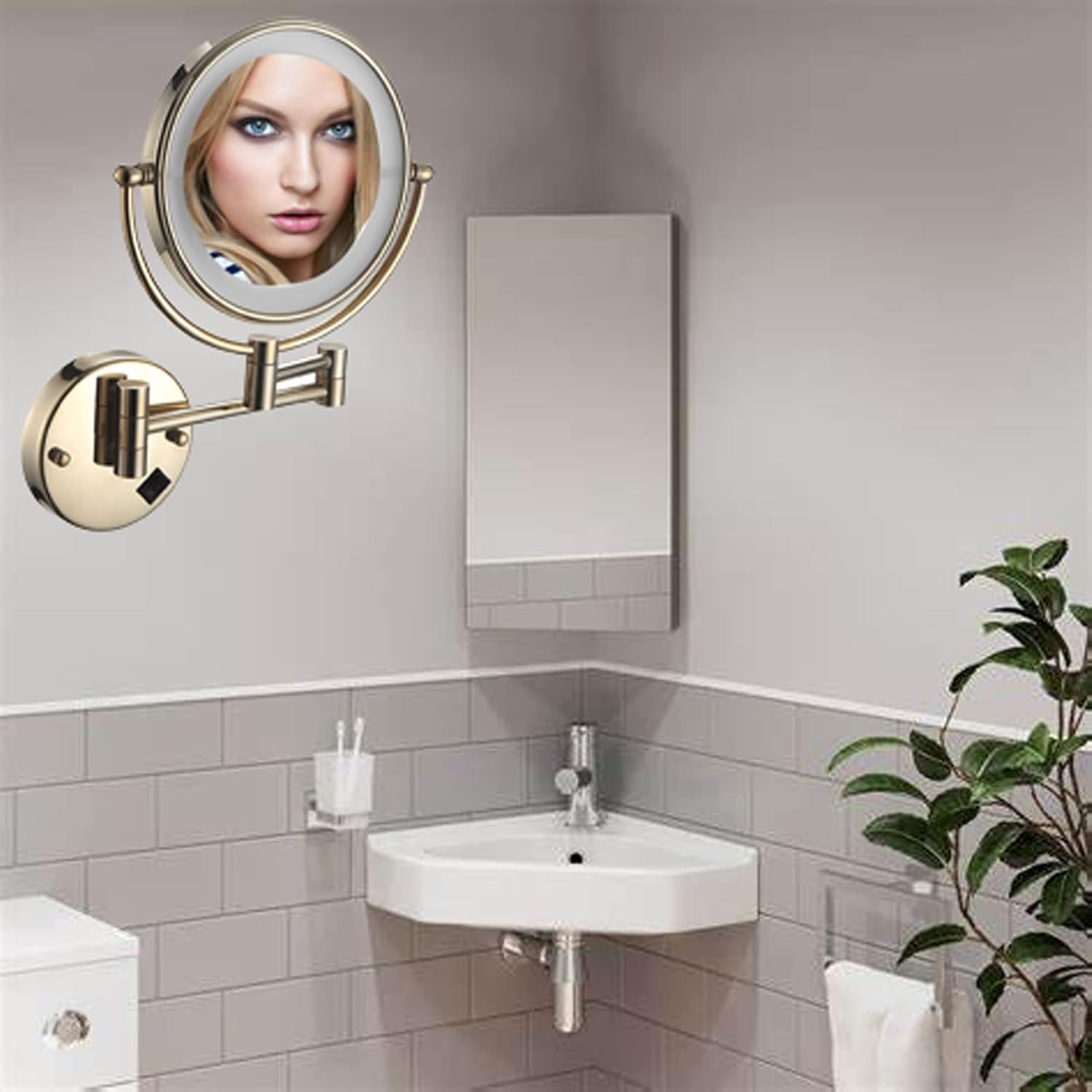 8 Inch LED Wall Mounted Lighted Makeup Bathroom Mirror, Magnifying Double Sided Vanity Mirror, 360° Rotation Extendable Cosmetic Mirror (Pickaxe Gold Hardwire 7X)