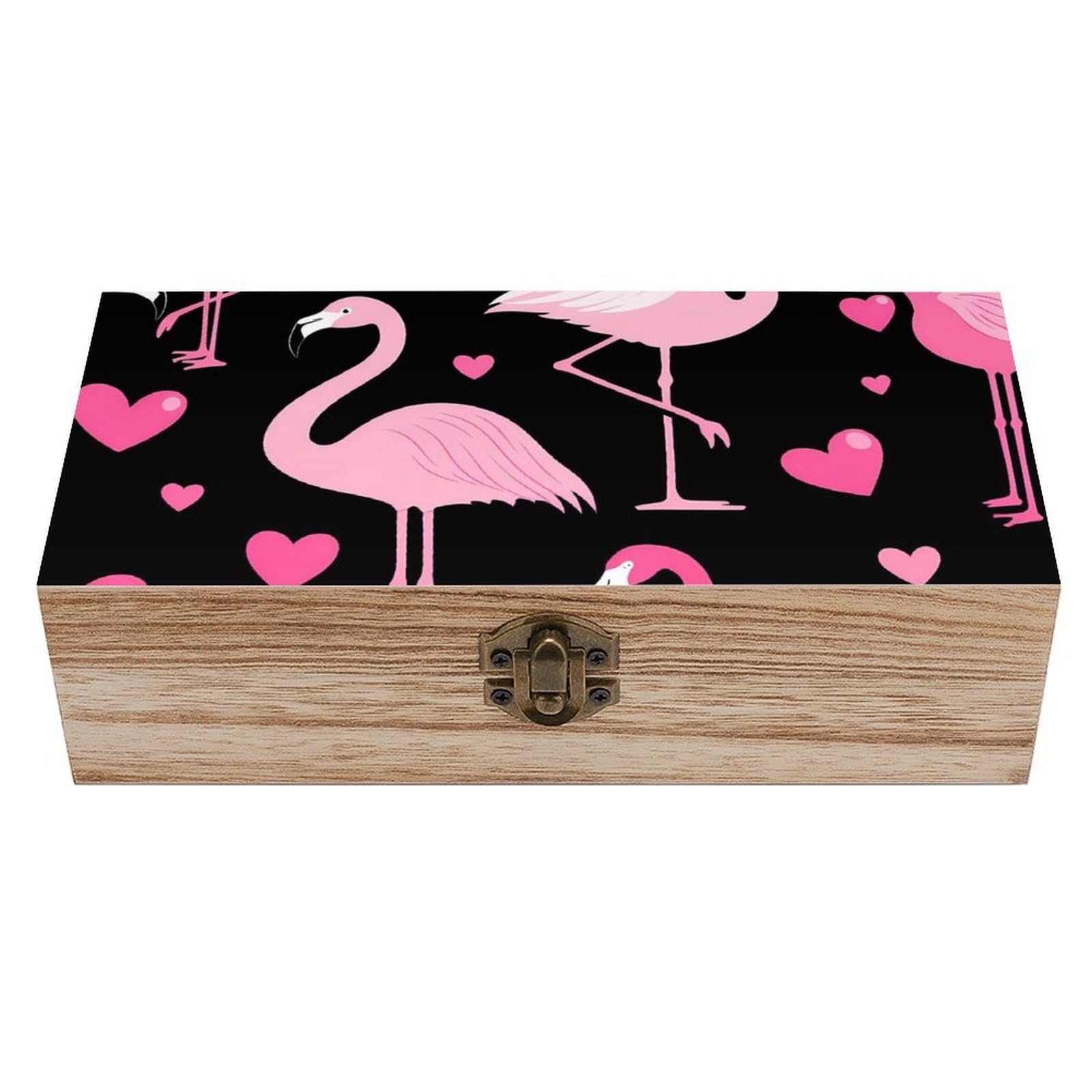 SMAZDFXX Pink Love Heart Flamingo Wooden Storage Box With Hinged Lid Decorative Front Clasp Keepsake Boxes
