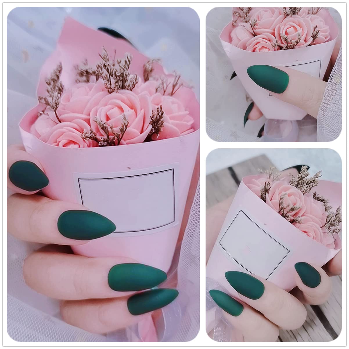 editTime 24PCS Solid Colors Stiletto False Nails Extra Long Acrylic Gradient Color Glossy Coffin Ballerina Press on Nails French Fake Nails Tips(Matte Green)