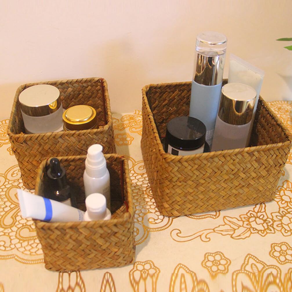 Alipis 3pièces Panier Mer Herbe Tissée Boîte De Rangement Carrée Multifonctionnelle Pour Cuisine Panier Pour Organiser Vos Affaires Maison