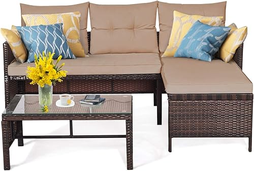 Miniatura 8 de Tangkula juego de 3 muebles Rattan para exteriores. Juego de sofá para sala, jardín patio, con cojín.