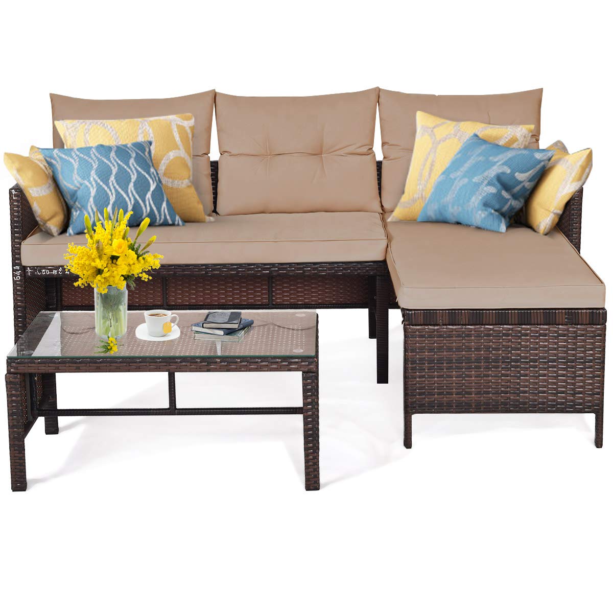 Juego de 3 muebles Rattan para exteriores. Juego de sofá para sala, jardín patio, con cojín. 8