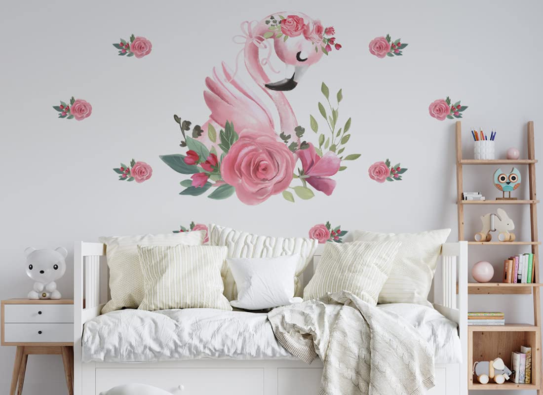 Tatuaż ścienny Flamingo - kwiaty korona kwiatowa obrazy dziecięce pokój dziecięcy dziewczynka naklejka na ścianę Osomhome (240x130cm) os664