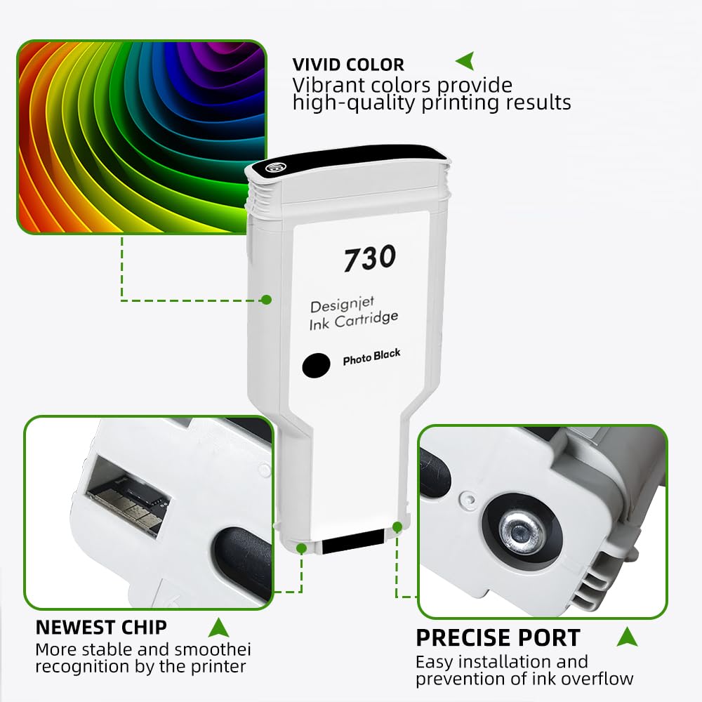 Cartuccia d'inchiostro 730 P2V68A P2V69A P2V70A P2V71A P2V72A 300ml compatibile per HP 730 serbatoio d'inchiostro per DesignJet T1600 T1700 T2600 stampante plotter, con chip, confezione da 6 (6 pezzi)