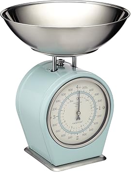 KitchenCraft Living Nostalgia Mechanical Kitchen Scale with Bowl in Gift Box, Scale made of Cast Iron with Acacia Wood Stand, Vintage Blue