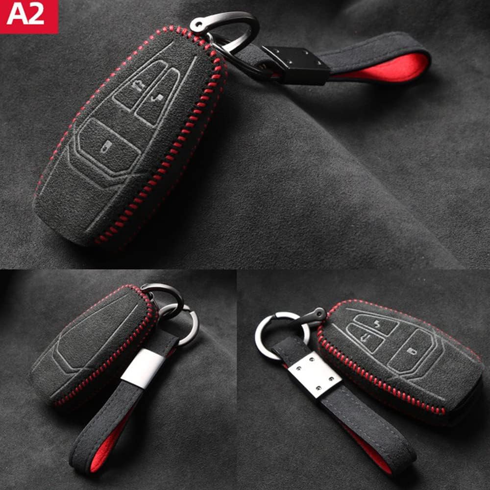 Premium Handmade Luxury Suede Smart Car Key Fob Case Shell Cover Fit for Aston Martin DB11 DBS Superleggera New Vantage With Leather Keychain(Black With Red)