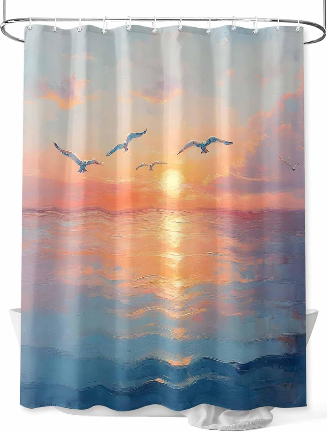 Shower Curtain Bathroom Set Sea ​​Bird Sunset Ocean Waterproof Fabric Shower Curtains with Grommets&Hooks Watercolor Oil Painting Art Privacy Bath Curtain for Bathtub Decor 72x72in