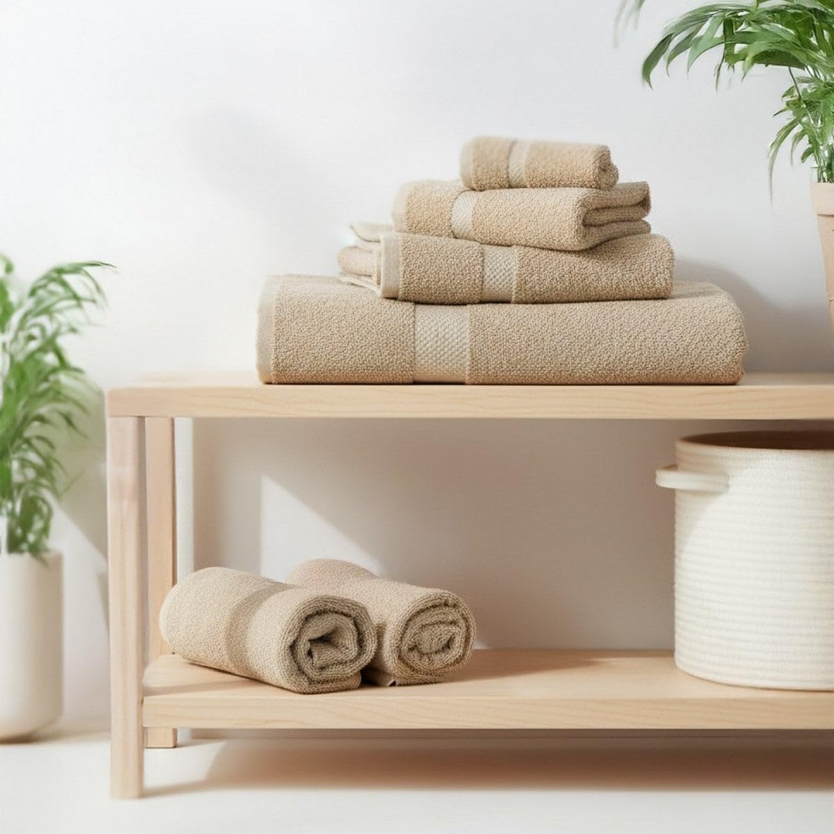 Juego de 8 Toallas de Ducha Color Beige 100% algodón Rizo de 140x70 cm | Tejido suave de gran gramaje con alta absorción. Aptas para lavadora, de uso diario.