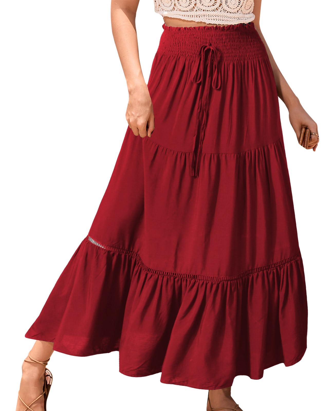 Genfien Femme Jupe 2 en 1 Bohème Tour de Taille Elastique Longue été Maxi Tube Taille Haute A-Line Décontractée Vacances L'été Plage Vintage