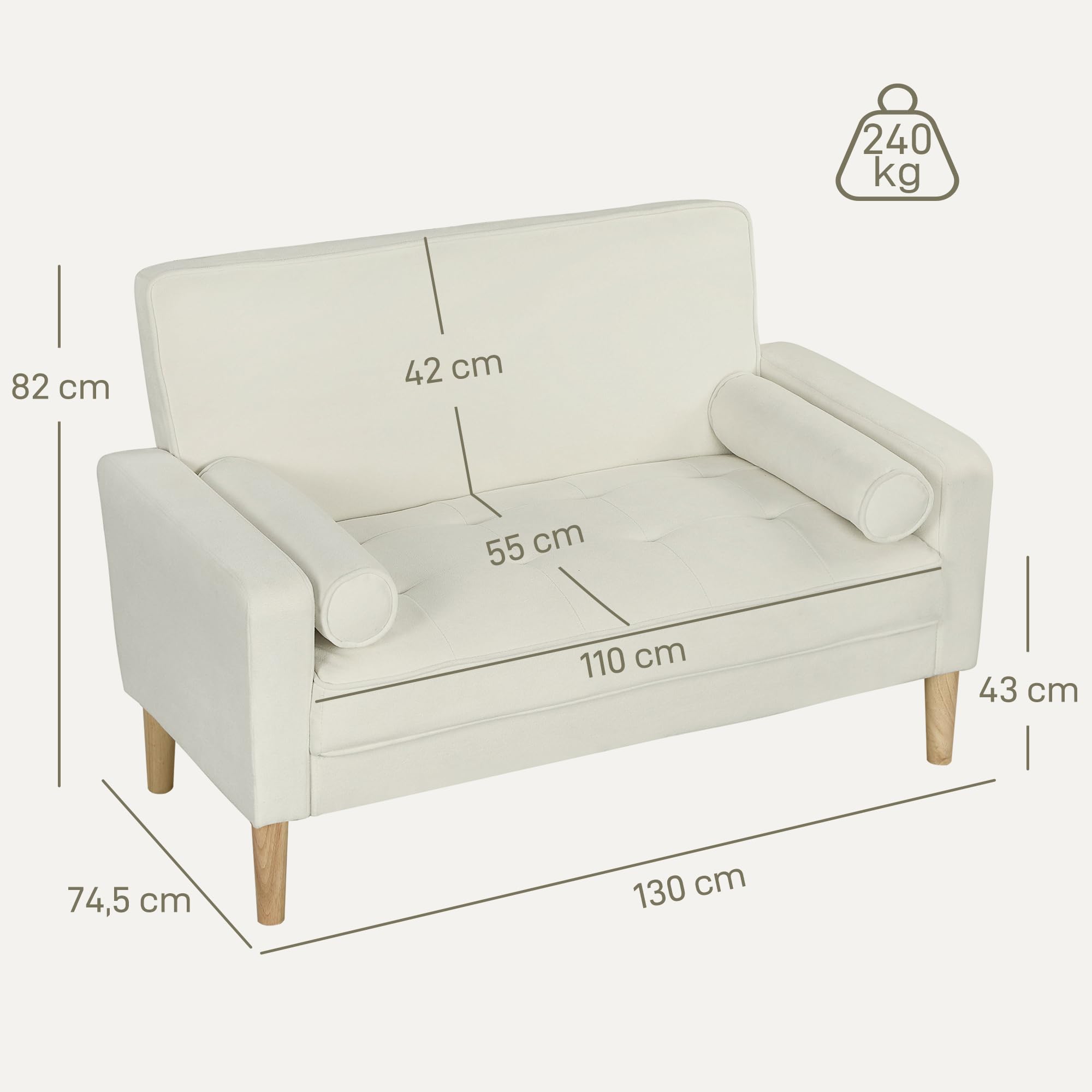 HOMCOM Sofá de 2 Plazas Tapizado en Terciopelo Sofá de Salón de 130 cm con Asiento Capitoné 2 Almohadas y Patas de Madera para Espacios Pequeños Dormitorio Sala de Estar Oficina Crema