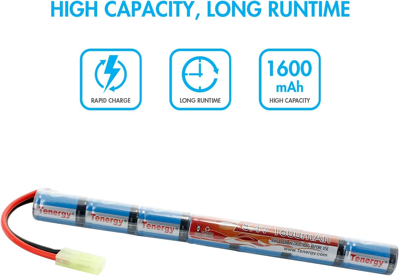 Tenergy Airsoft Battery 9.6V 1600mAh NiMH Stick Battery High Performance Stick Type Batteries w/Mini Tamiya Connector for Airsoft Gun + 8.4V-9.6V NiMH Battery Charger w/Mini Tamiya Connector
